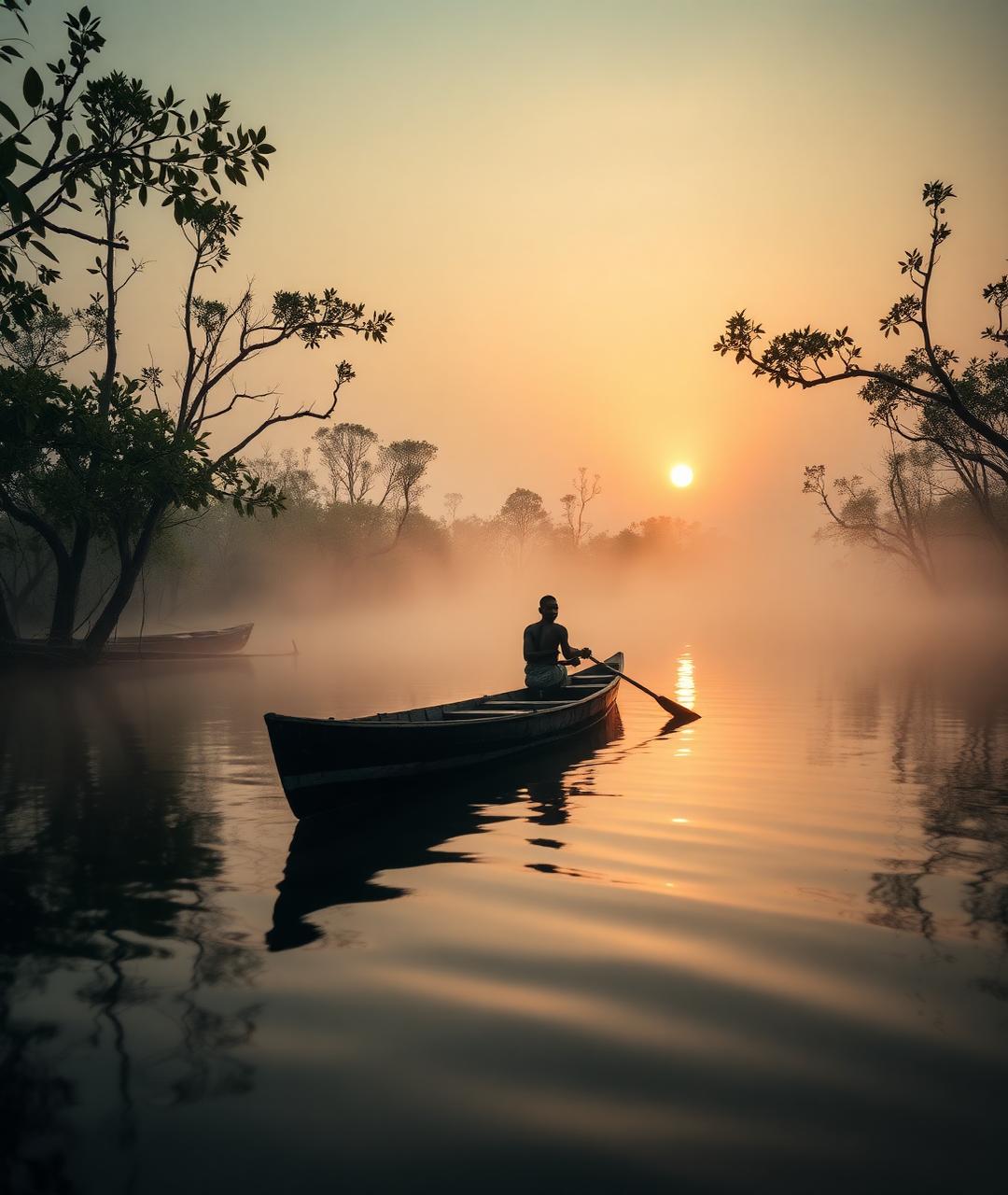 Ijaw fisherman paddling a canoe in the mangroves